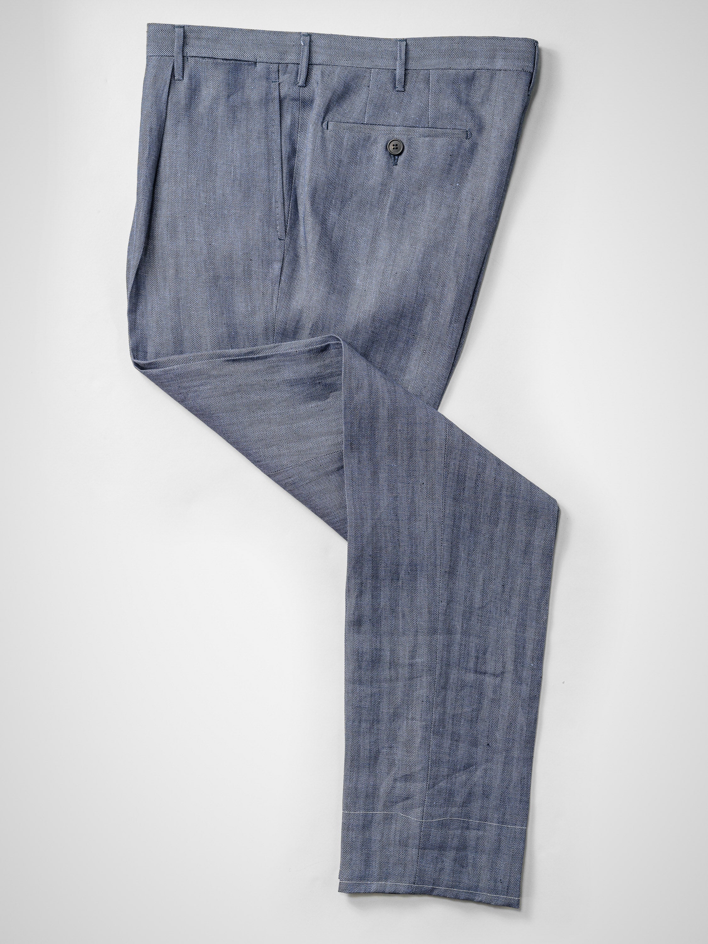 Medium blue herringbone pair of regular fit linen trousers